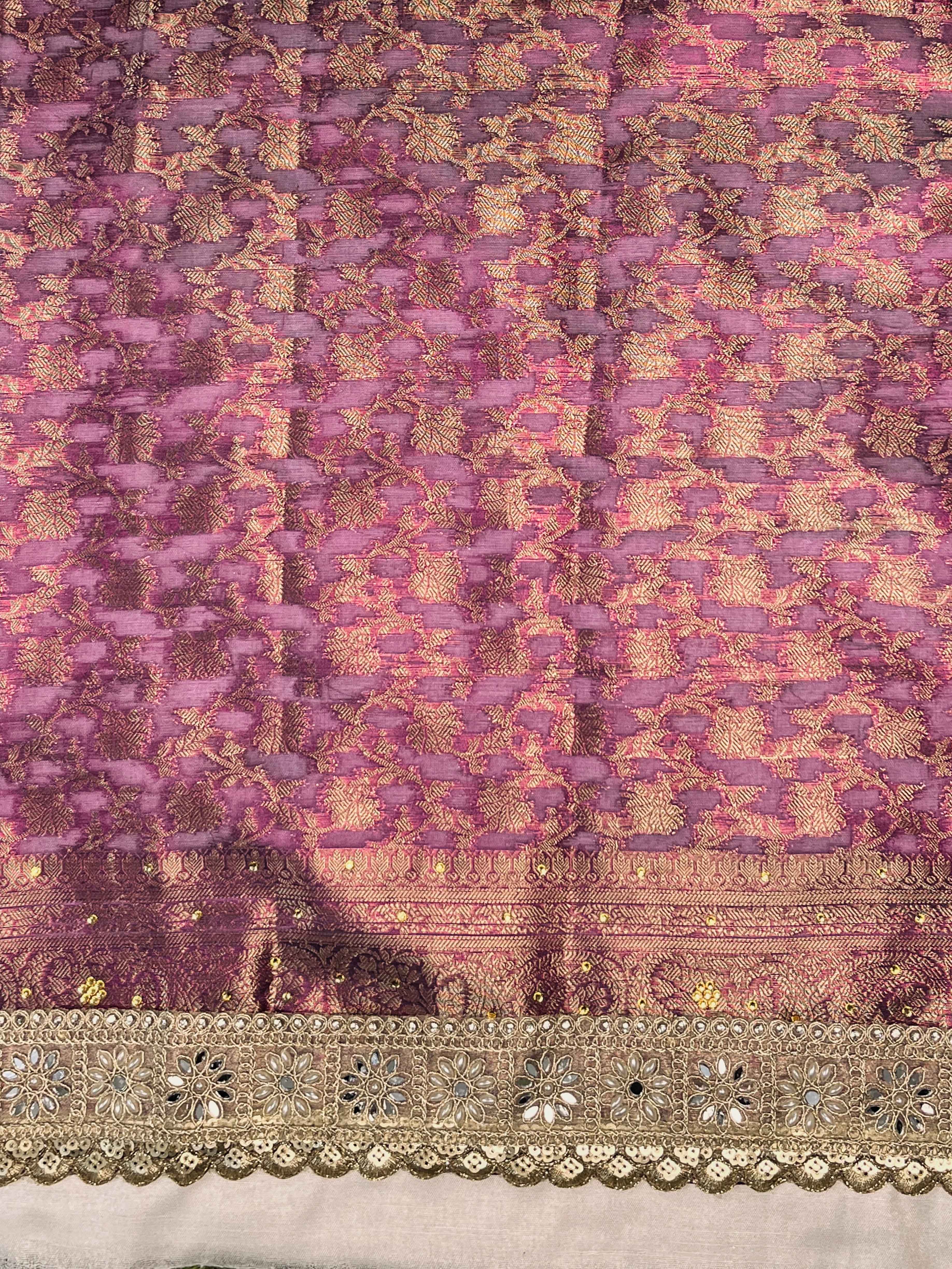 Banarasee Plain Tissue Saree With Swarovski Work Pallu & Zari Lace Border-Purple