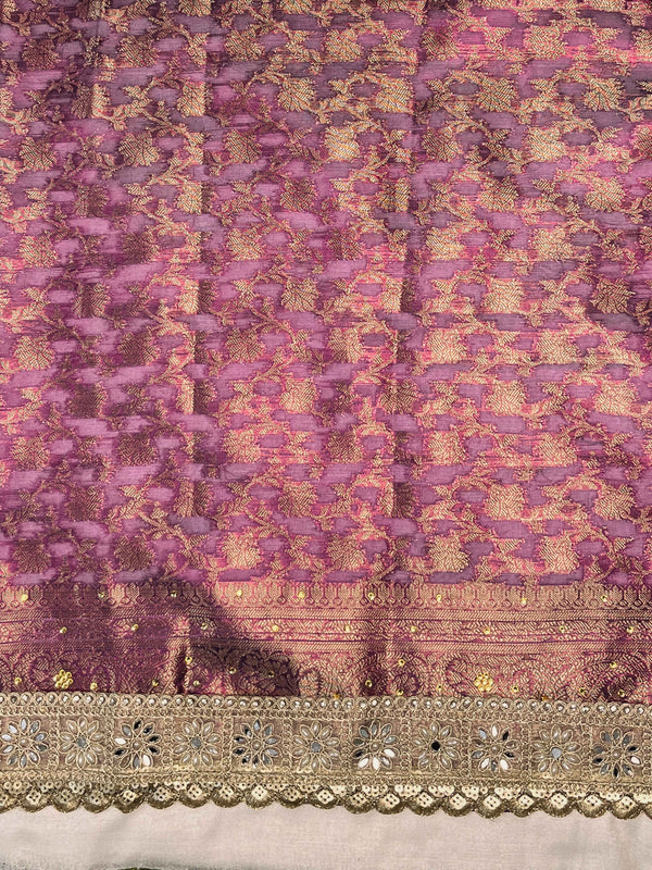 Banarasee Plain Tissue Saree With Swarovski Work Pallu & Zari Lace Border-Purple