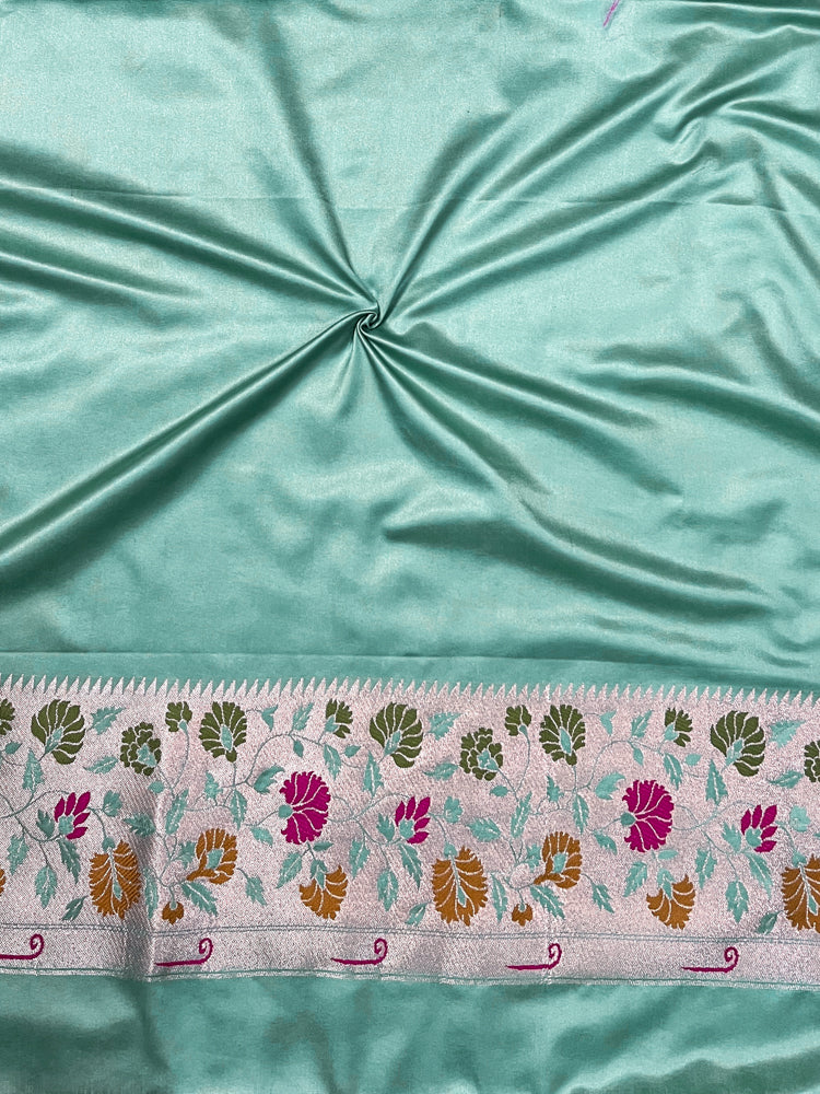 Banarasee Handloom Mashru Silk Saree With Buti Design Meenadar Border & Pallu-Aqua Green