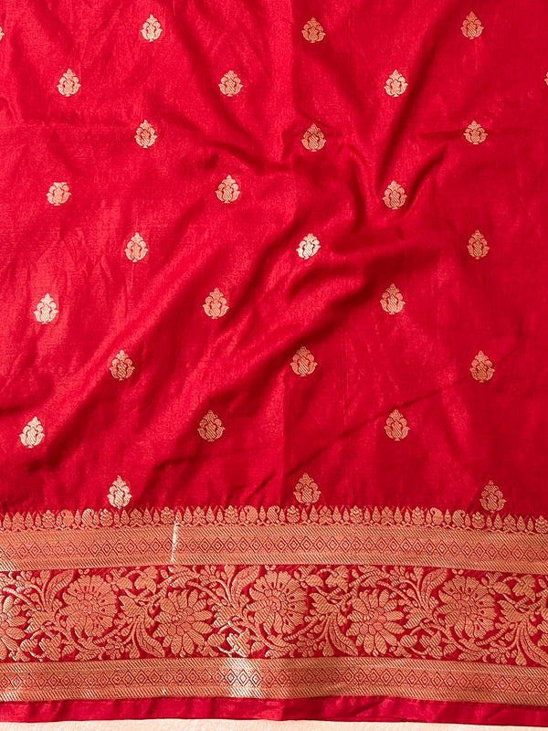 Banarasee Handwoven Semi-Chiffon Saree With Contrast Border & Gold Zari-Pink & Red