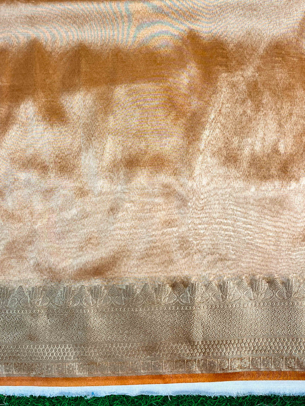 Banarasee Handloom Tissue Saree With Buti Design Zari Border & Lace-Rust