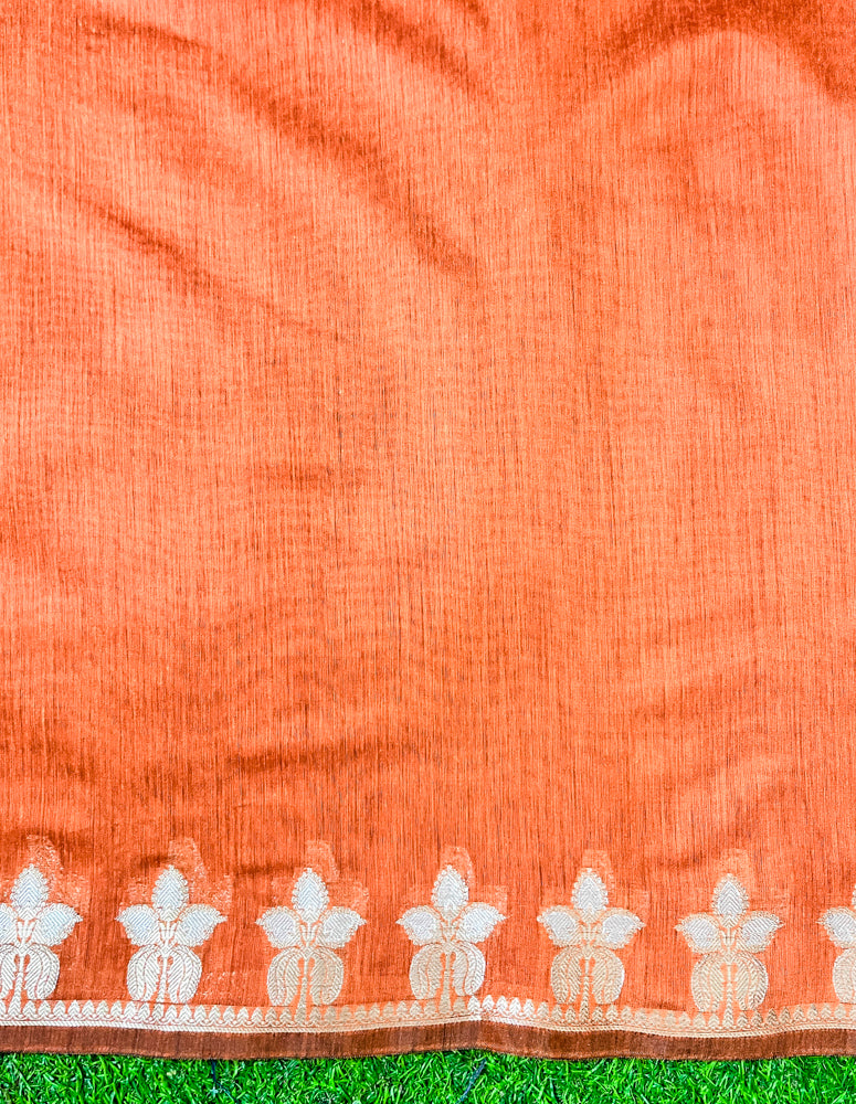 Banarasee Handloom Cotton Silk Saree With Zari Floral Border-Rust