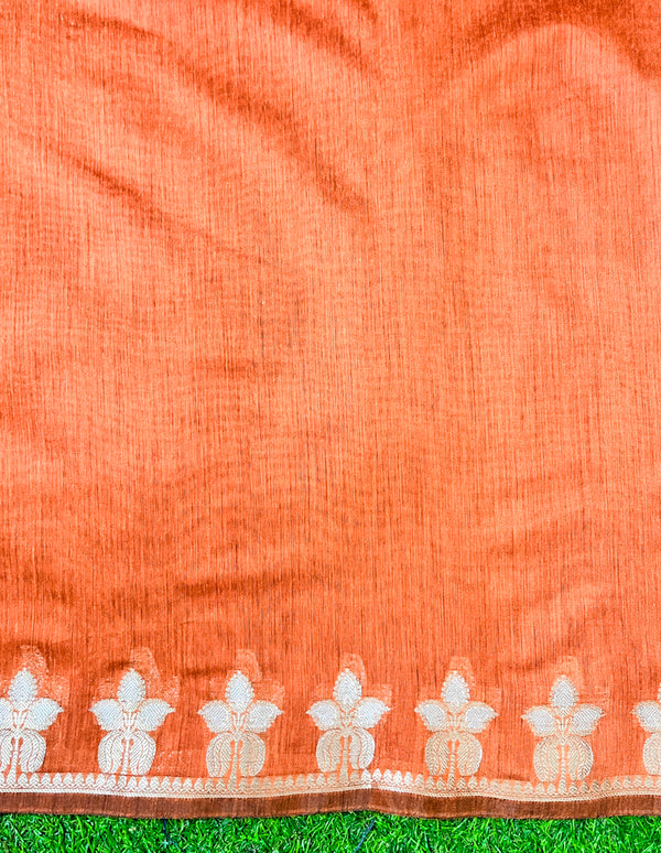 Banarasee Handloom Cotton Silk Saree With Zari Floral Border-Rust