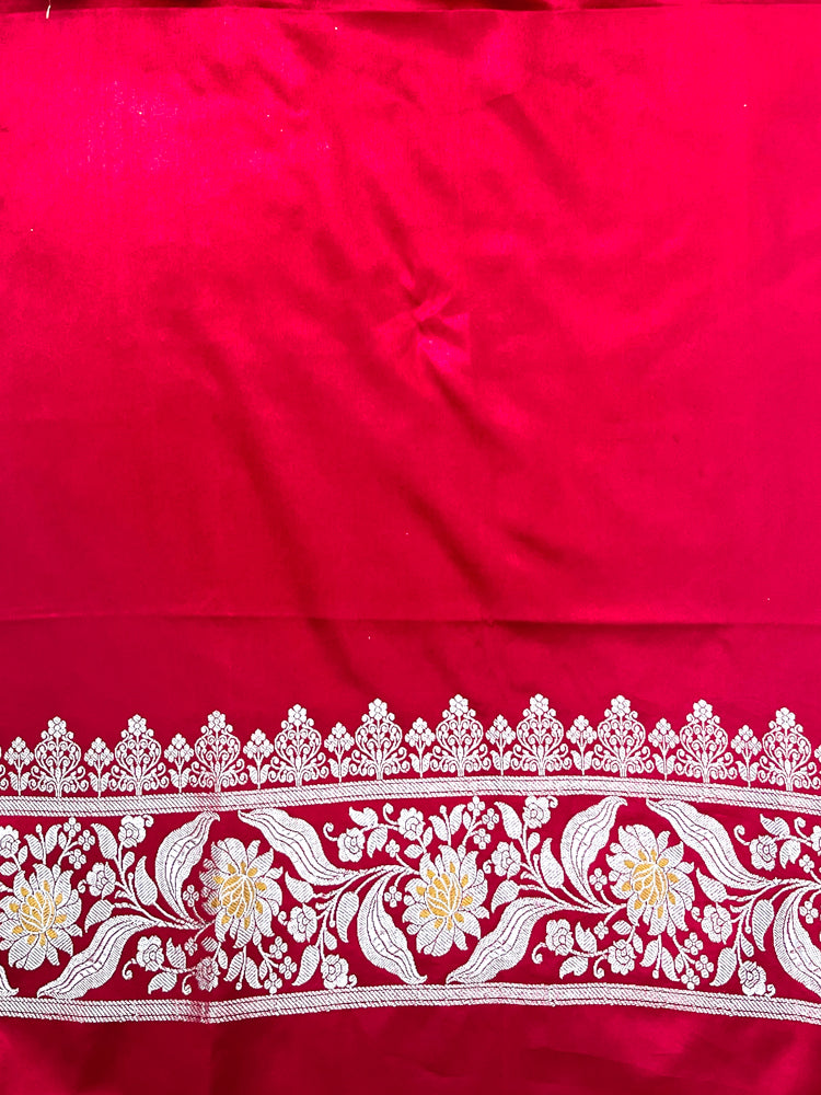 Banarasee Handloom Mashru Silk Saree With Sona Rupa Zari Work Border & Lace-Cherry Red