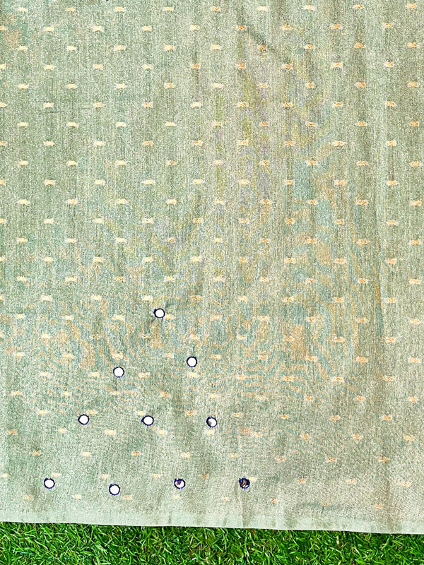 Banarasee Handwoven Semi Silk Shine Saree With Mirror Work-Light Green