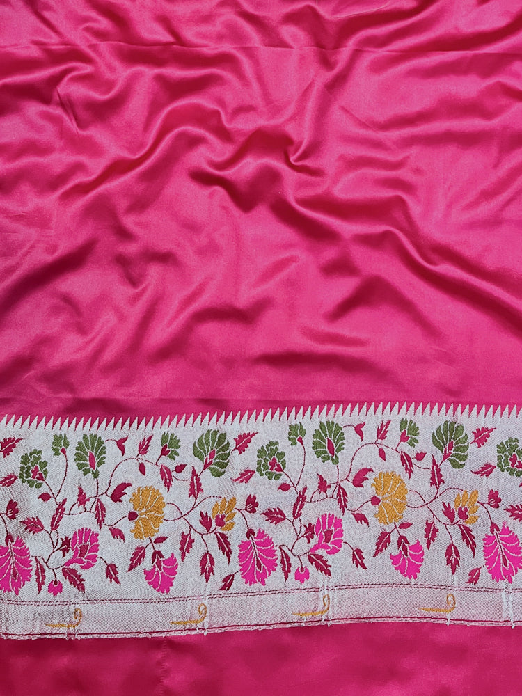 Banarasee Handloom Mashru Silk Saree With Buti Design Meenadar Border & Pallu-Fuchsia Pink