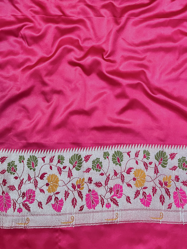Banarasee Handloom Mashru Silk Saree With Buti Design Meenadar Border & Pallu-Fuchsia Pink