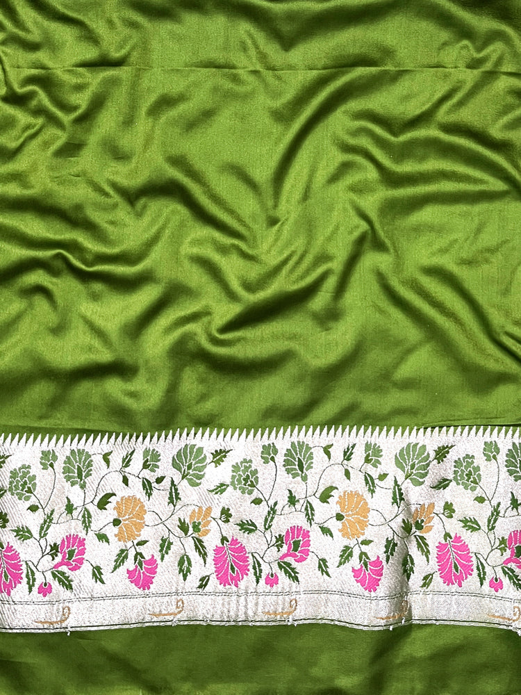Banarasee Handloom Mashru Silk Saree With Buti Design Meenadar Border & Pallu-Green