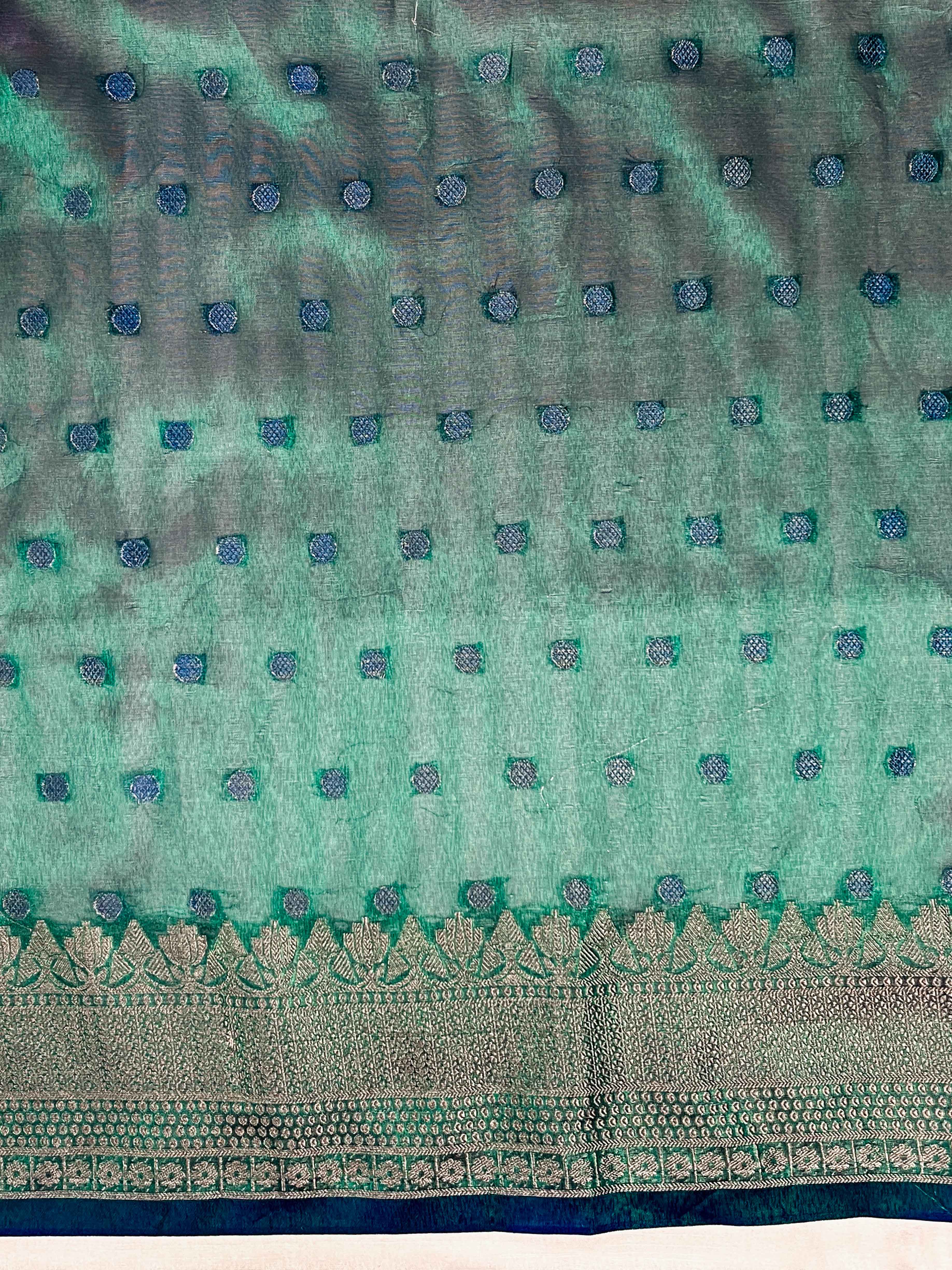 Banarasee Handloom Tissue Saree With Buti Design Zari Border & Lace-Green