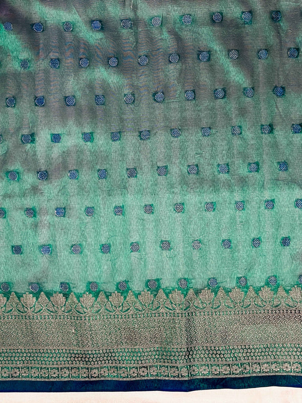 Banarasee Handloom Tissue Saree With Buti Design Zari Border & Lace-Green