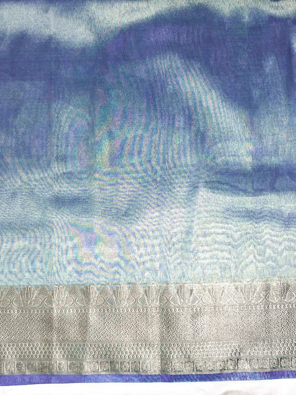 Banarasee Handloom Tissue Saree With Buti Design Zari Border & Lace-Blue