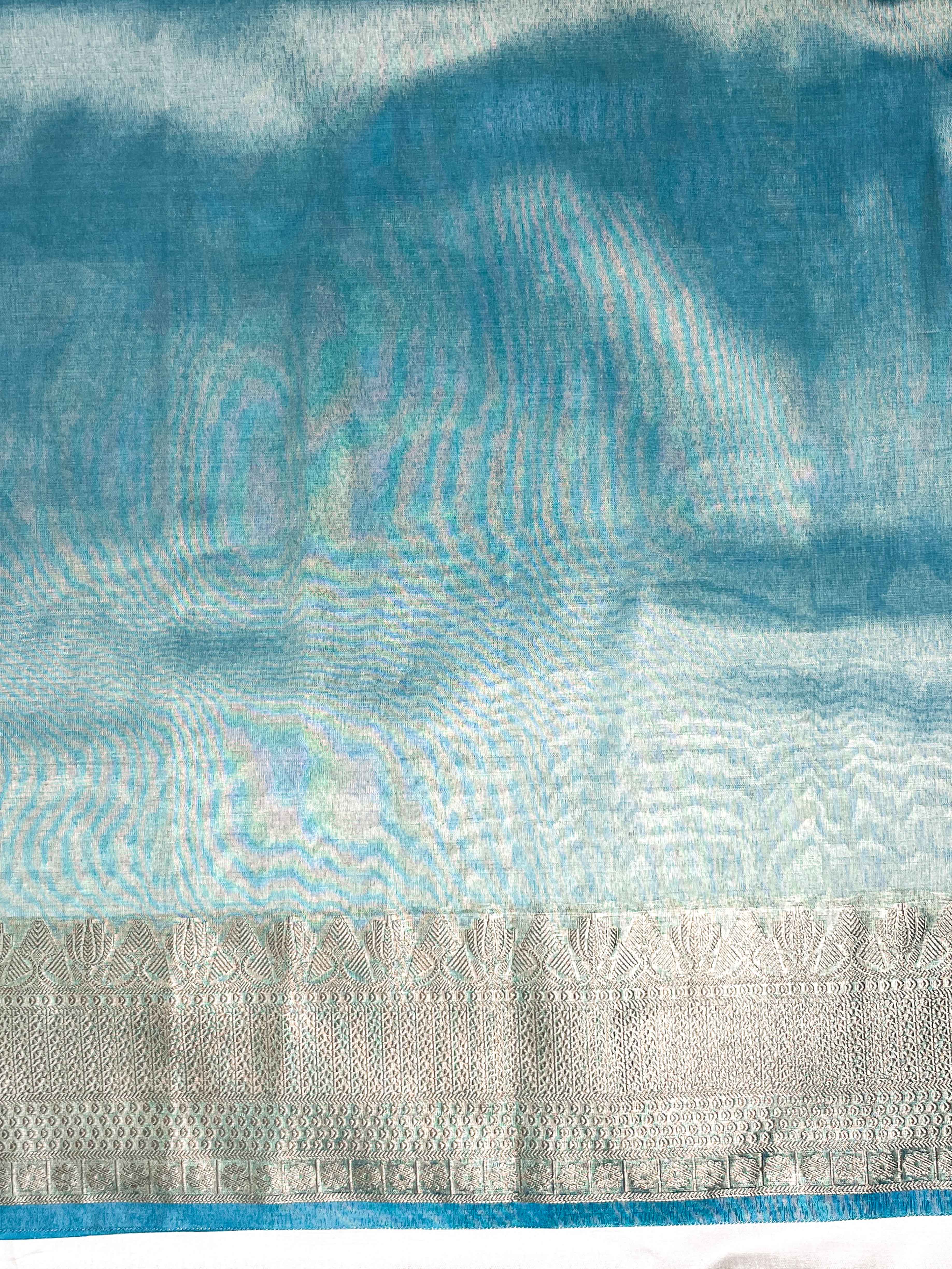 Banarasee Handloom Tissue Saree With Buti Design Zari Border & Lace-Sky Blue