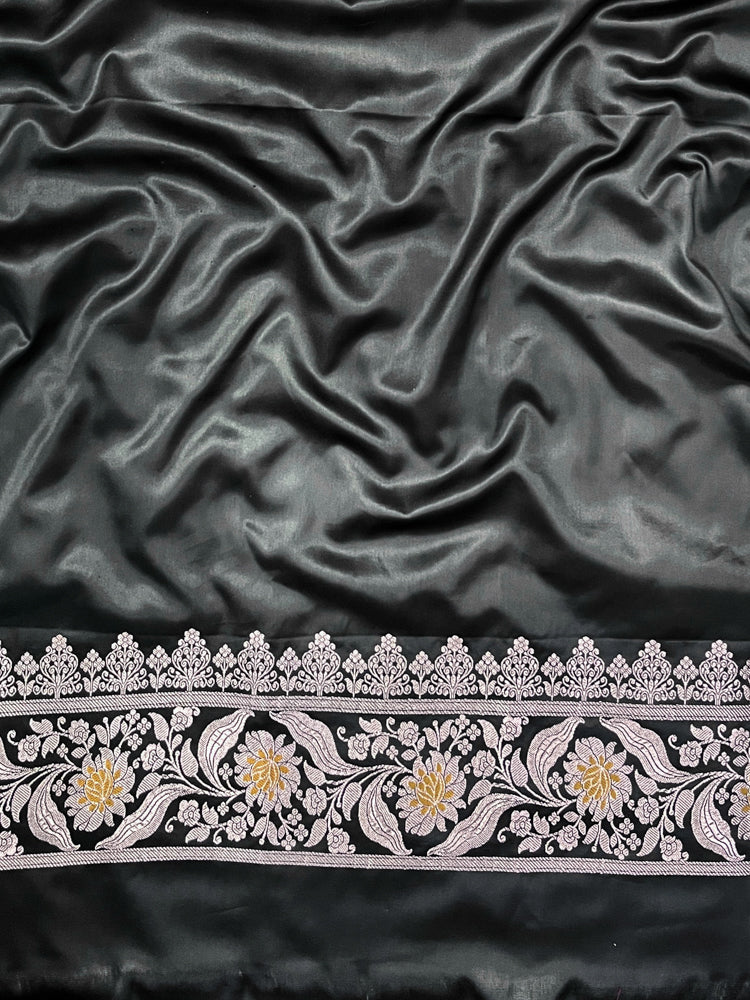 Banarasee Handloom Mashru Silk Saree With Sona Rupa Zari Work Border & Lace-Black