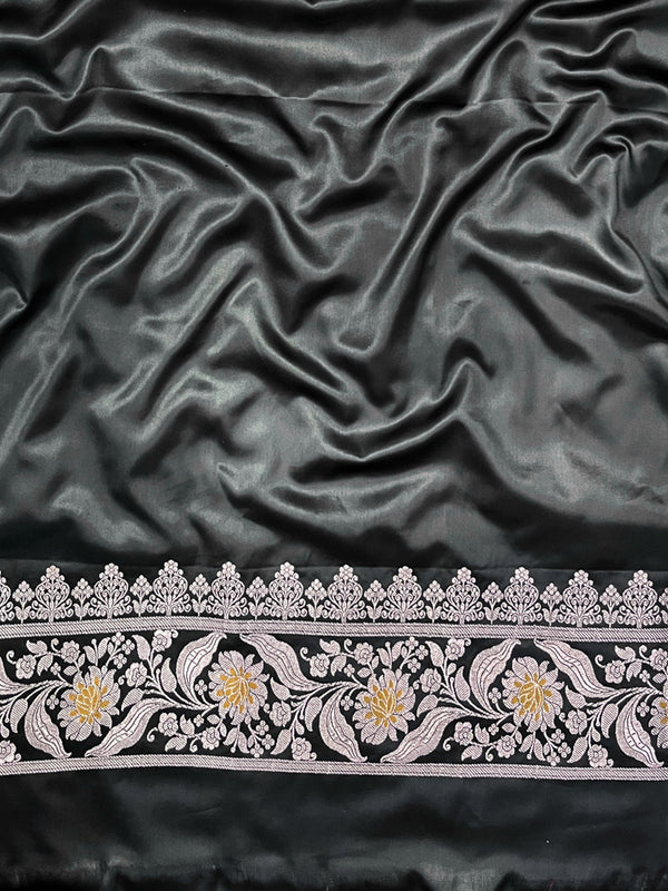 Banarasee Handloom Mashru Silk Saree With Sona Rupa Zari Work Border & Lace-Black