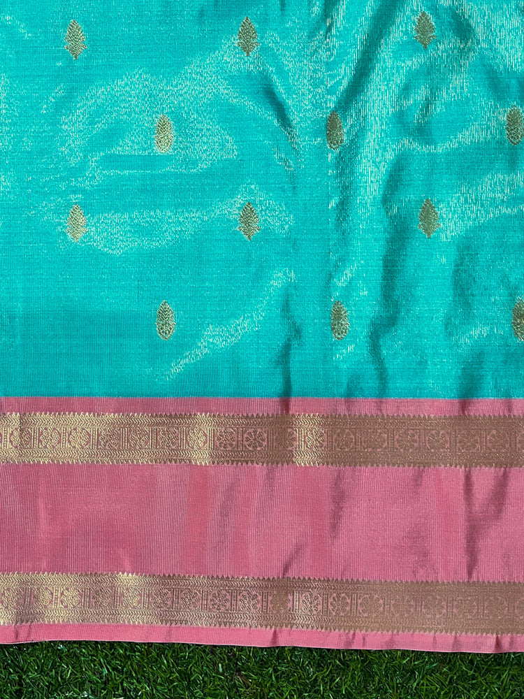 Banarasee Handloom Semi Silk Saree With Buti Design & Contrast Border-Sea Green & Peach