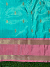 Banarasee Handloom Semi Silk Saree With Buti Design & Contrast Border-Sea Green & Peach