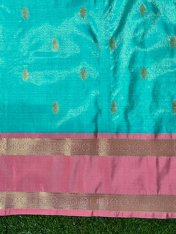 Banarasee Handloom Semi Silk Saree With Buti Design & Contrast Border-Sea Green & Peach