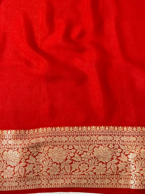 Banarasee Handwoven Pure Chiffon Saree With Zig-Zag Design Work-Red