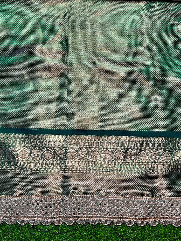 Banarasee Handloom Tissue Saree With Zari Weaving Floral Work & Lace Border-Green