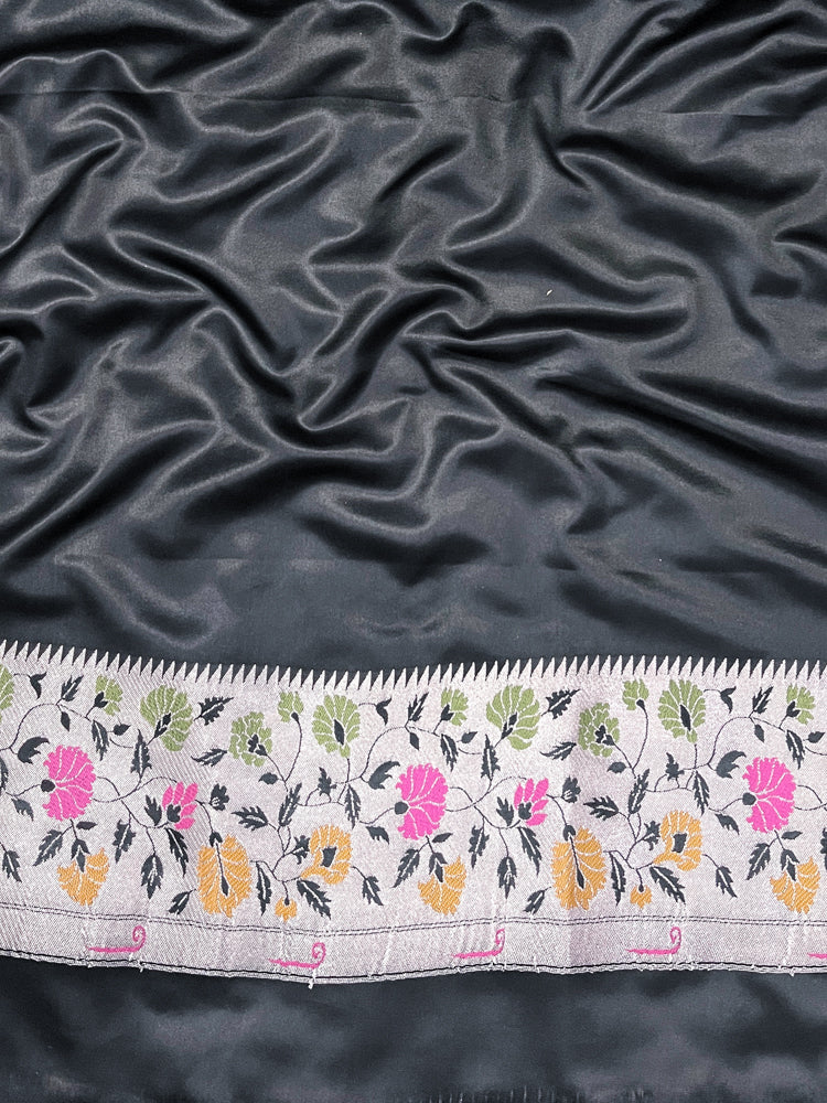 Banarasee Handloom Mashru Silk Saree With Buti Design Meenadar Border & Pallu-Black