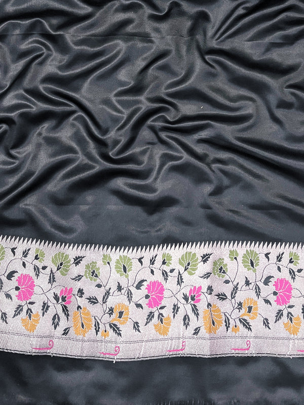 Banarasee Handloom Mashru Silk Saree With Buti Design Meenadar Border & Pallu-Black