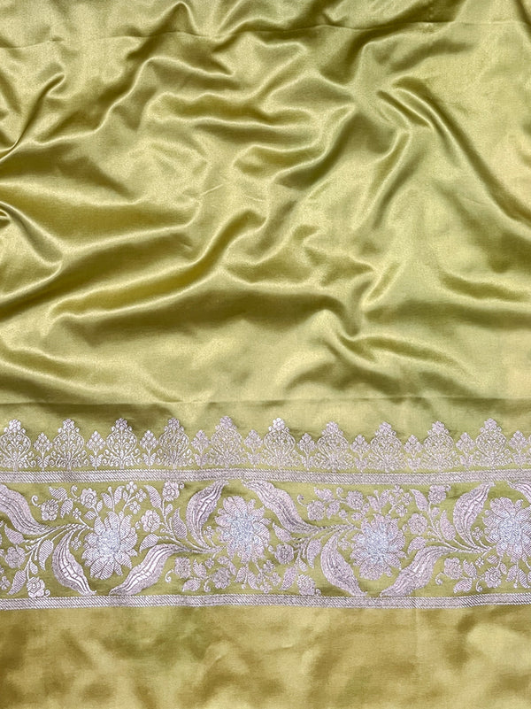 Banarasee Handloom Mashru Silk Saree With Sona Rupa Zari Work Border & Lace-Light Yellow