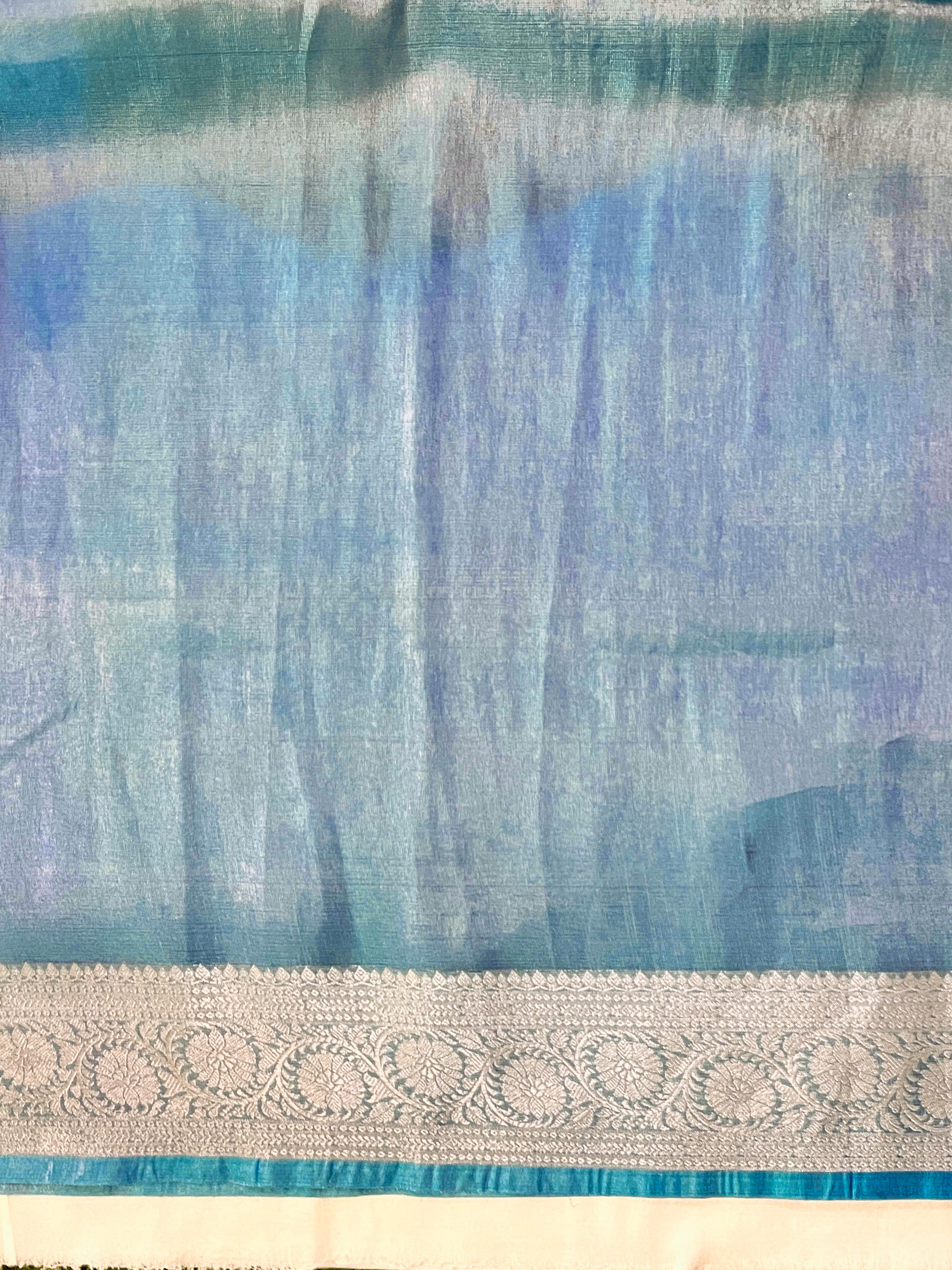 Banarasee Handloom Tissue Saree With Zari Buti Design Border & Lace-Pastel Blue