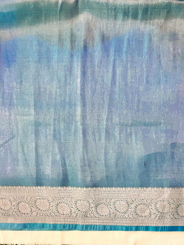 Banarasee Handloom Tissue Saree With Zari Buti Design Border & Lace-Pastel Blue
