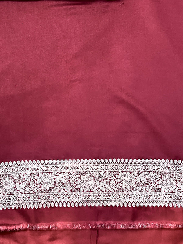 Banarasee Handloom Semi Katan Saree With Zari Buti Design & Contrast Border-Green & Maroon