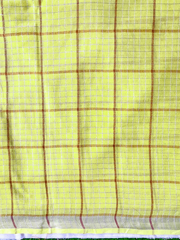 Bhagalpur Handloom Pure Linen Saree With Zari Checks Design-Yellow