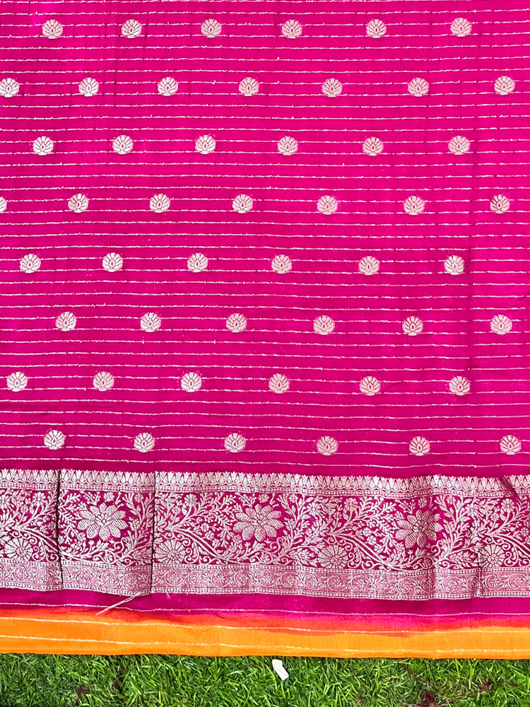 Banarasee Handwoven Chiffon Saree With Zari Buta Work & Contrast Border-Orange