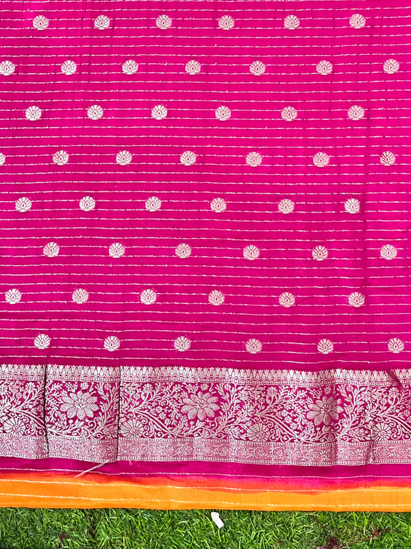 Banarasee Handwoven Chiffon Saree With Zari Buta Work & Contrast Border-Orange
