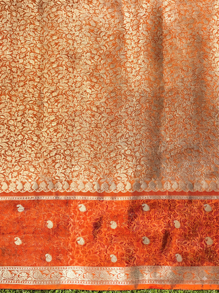 Banarasee Handloom Dual Tone Tissue Silk Saree With Zari & Resham Weaving-Orange