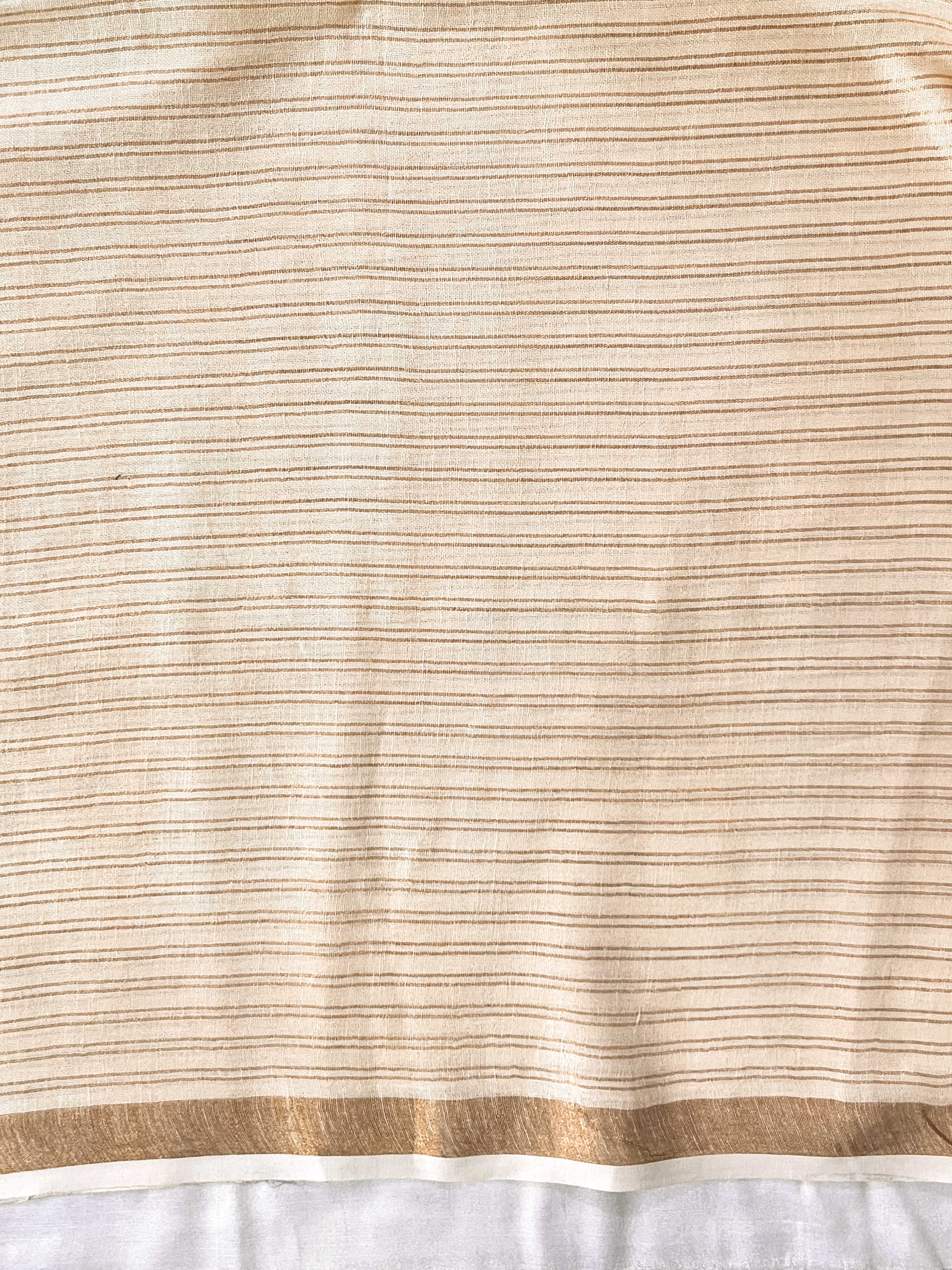 Bhagalpur Handloom Pure Linen Saree With Zari Stripe Design-Cream