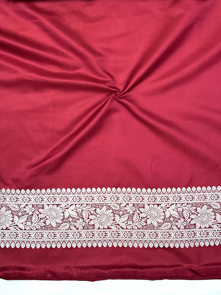 Banarasee Handloom Semi Katan Saree With Zari Buti Design & Contrast Border-Violet & Maroon