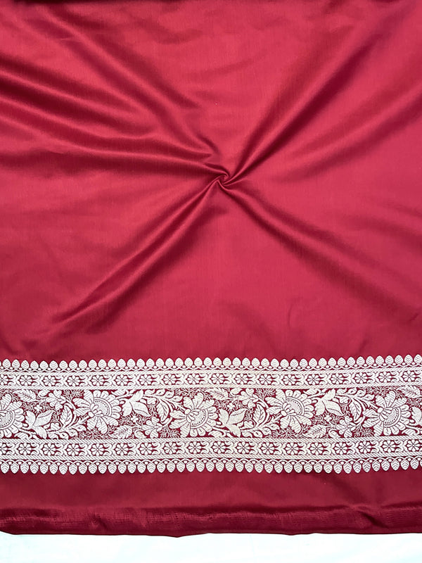 Banarasee Handloom Semi Katan Saree With Zari Buti Design & Contrast Border-Violet & Maroon