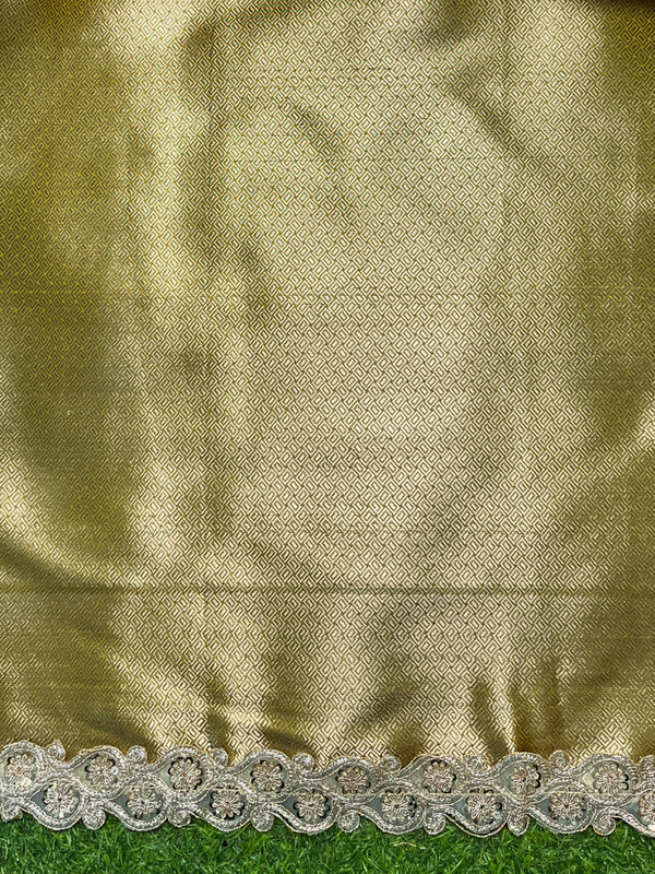 Banarasee Handloom Semi Silk Saree With Zari Buti Design & Lace Border-Lime Green