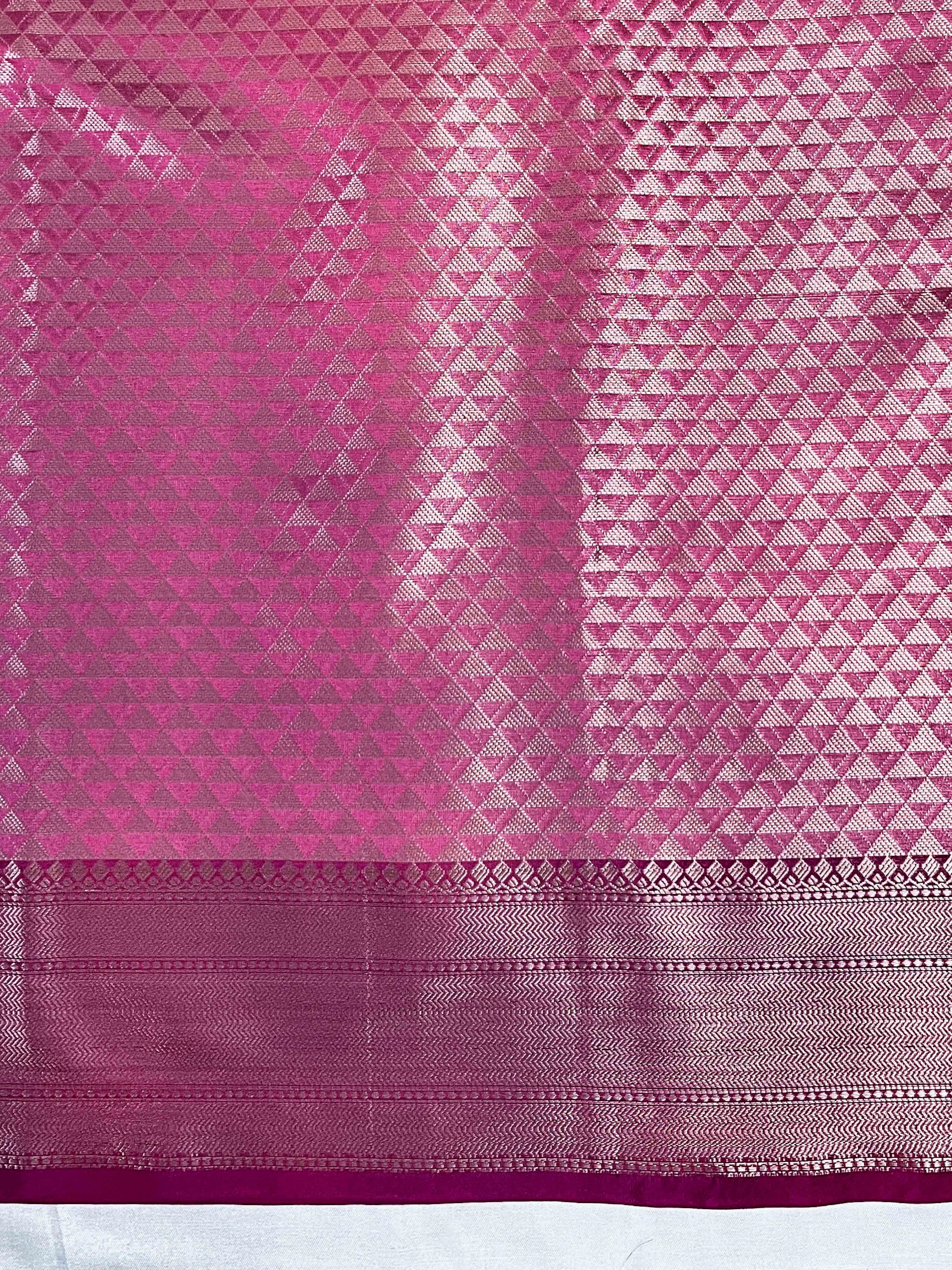 Banarasee Handloom Semi Silk Saree With Zari Jaal Work & Contrast Border-Off White & Magenta