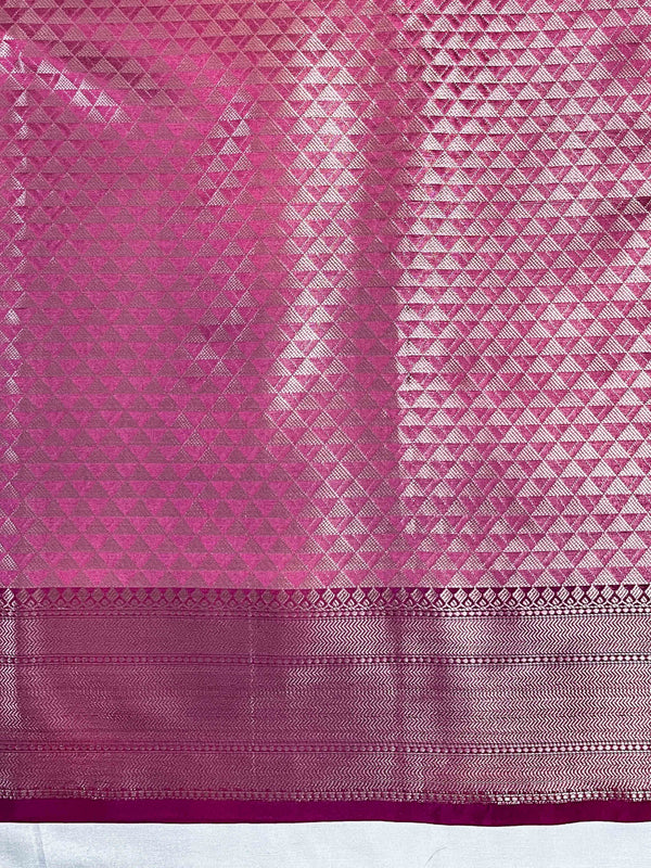 Banarasee Handloom Semi Silk Saree With Zari Jaal Work & Contrast Border-Light Blue & Magenta