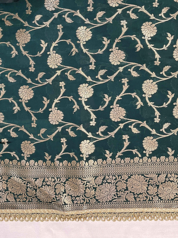 Banarasee Handloom Semi Silk Plain Saree With Zari Border & Lace-Deep Green