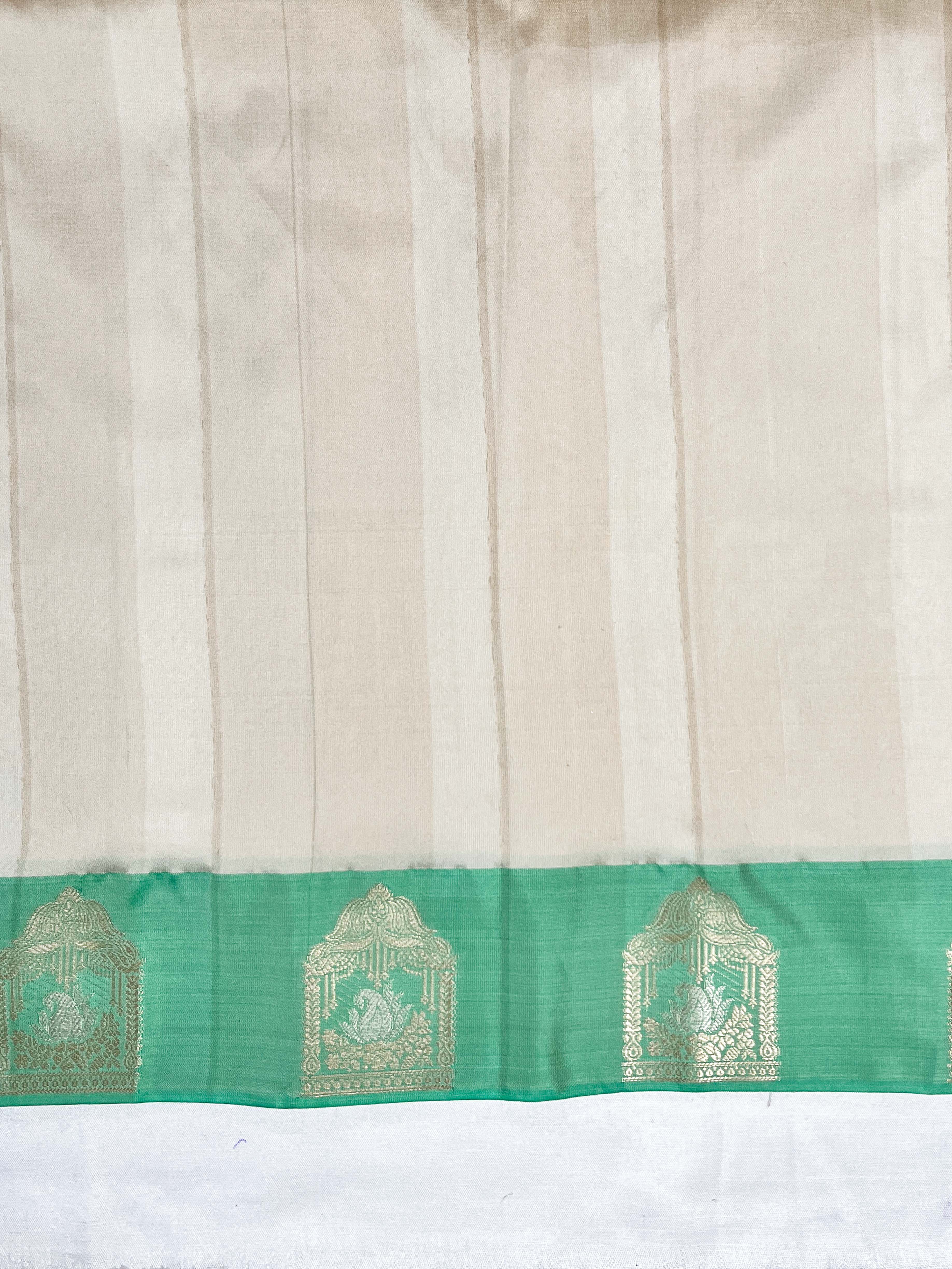 Banarasee Handloom Plain Semi Silk Saree With Contrast Zari Border-Cream & Light Green