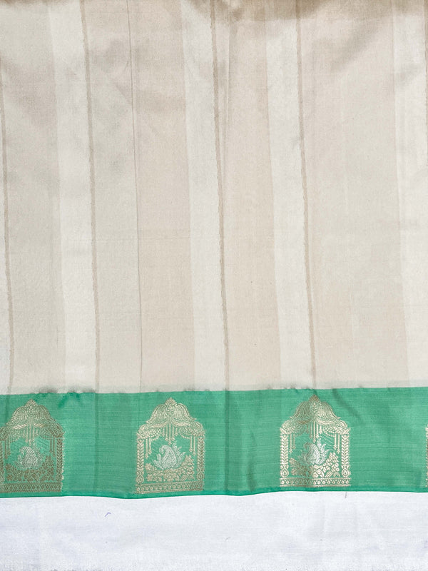 Banarasee Handloom Plain Semi Silk Saree With Contrast Zari Border-Cream & Light Green