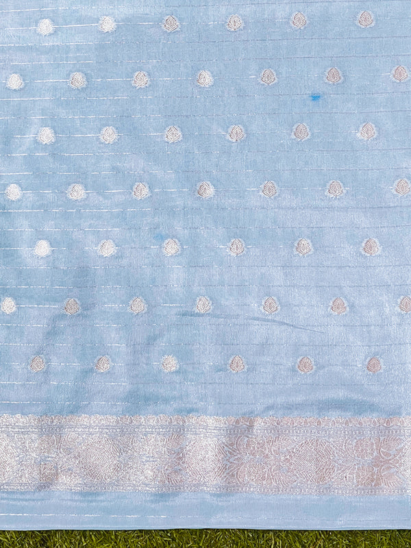 Banarasee Handwoven Chiffon Saree With Polka Dots Design & Border-Powder Blue