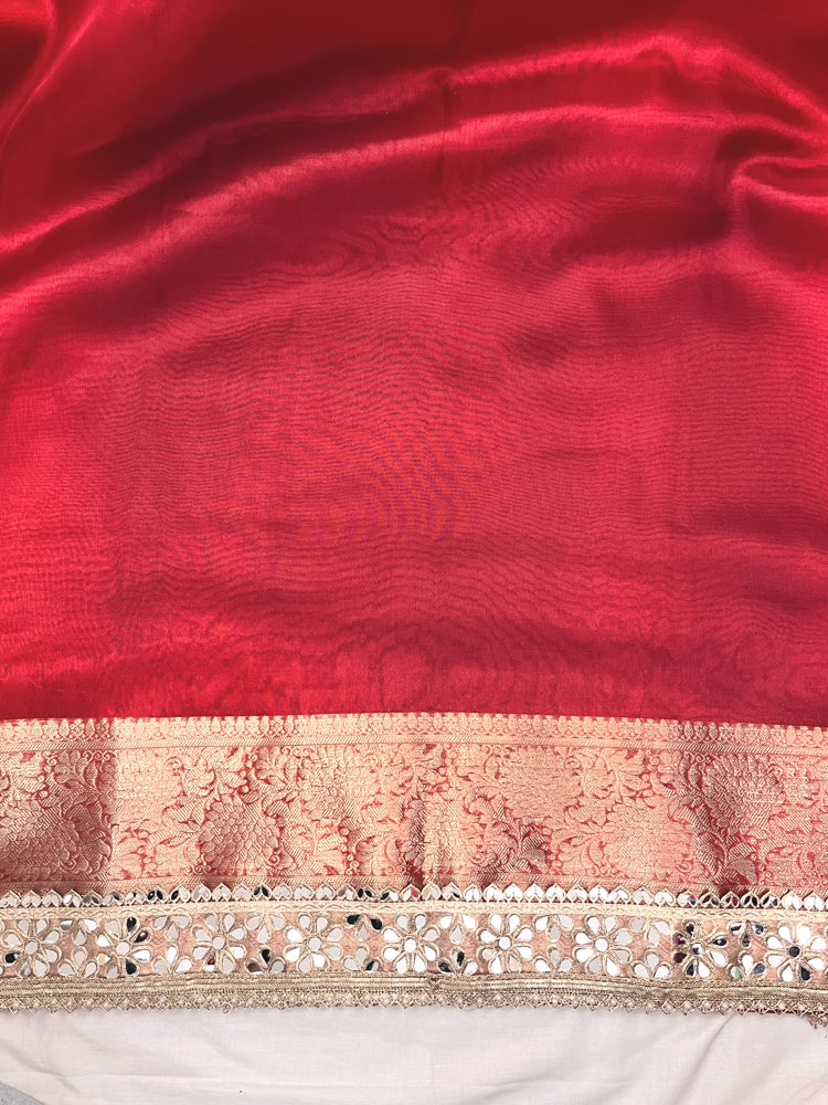 Banarasee Handwoven Tissue Saree With Floral Zari Border & Mirror Work Lace–Deep Red