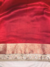 Banarasee Handwoven Tissue Saree With Floral Zari Border & Mirror Work Lace–Deep Red