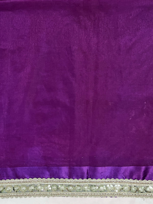 Banarasee Handloom Plain Tissue Saree With Lace Border-Purple