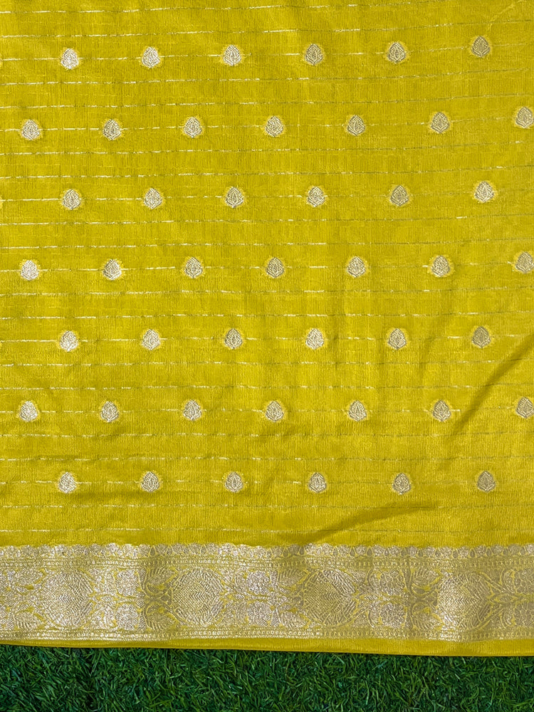 Banarasee Handwoven Chiffon Saree With Polka Dots Design & Border-Yellow