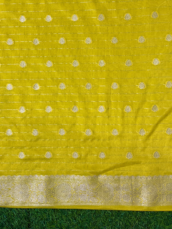 Banarasee Handwoven Chiffon Saree With Polka Dots Design & Border-Yellow