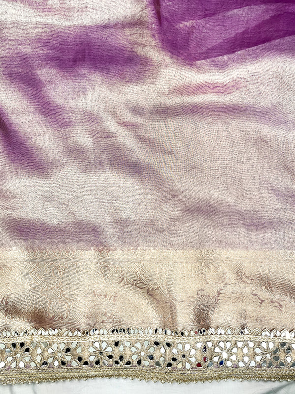 Banarasee Handwoven Tissue Saree With Floral Zari Border & Mirror Work Lace–Onion Pink