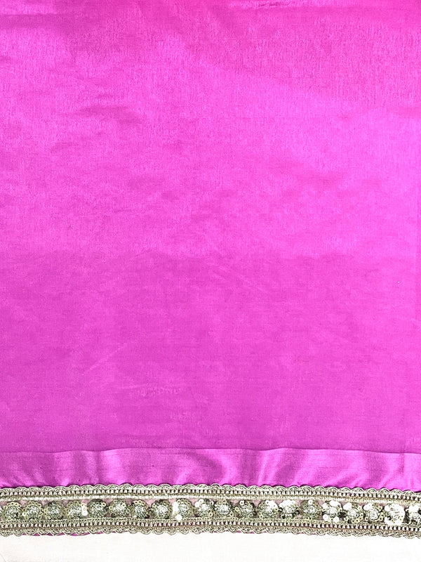 Banarasee Handloom Plain Tissue Saree With Lace Border-Onion Pink